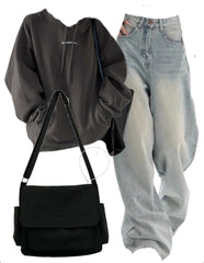 Embroidery Baggy Hoodie + Vintage 90s Baggy Boyfriend Jeans + Satchel Bag