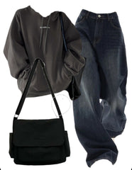Embroidery Baggy Hoodie + 90s Boyfriend Jeans + Large Canvas Satchel Bag