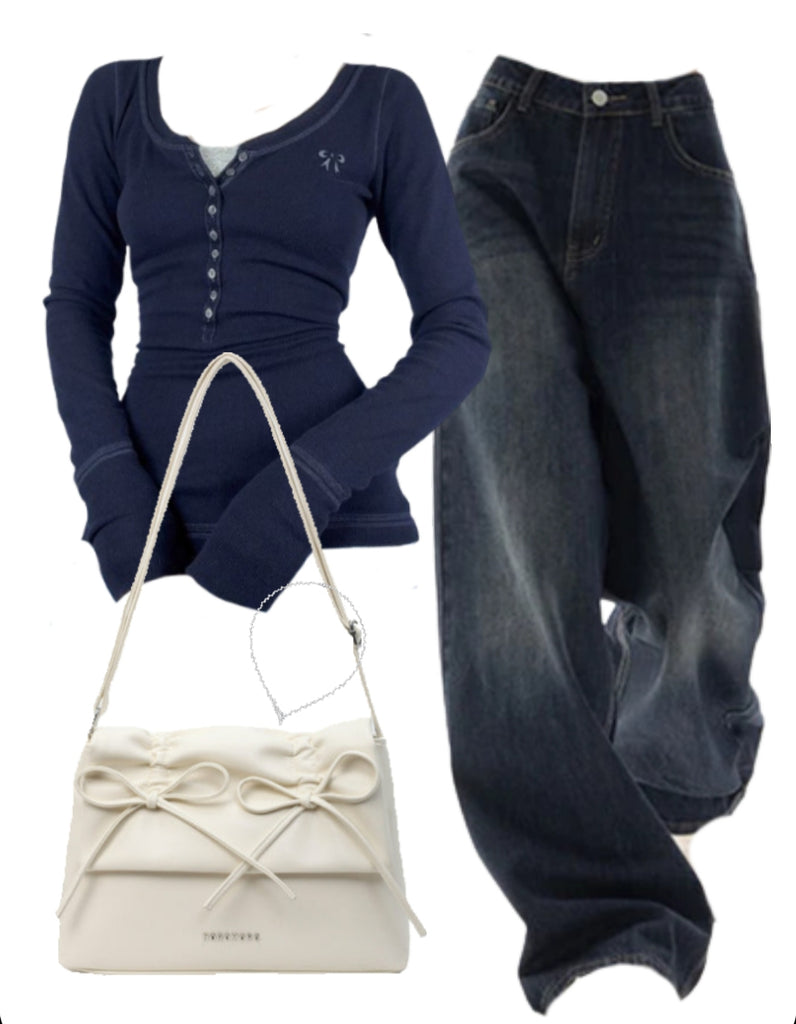 Long Sleeve Tee + 90s Boyfriend Jeans + Solid Color Leather Shoulder Bag