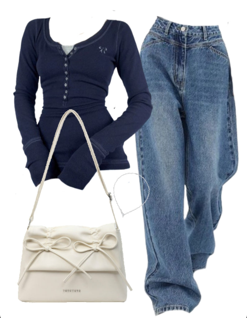 Long Sleeve Tee + High Rise Boyfriend Jeans + Leather Shoulder Bag