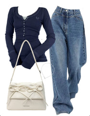 Long Sleeve Tee + High Rise Boyfriend Jeans + Leather Shoulder Bag - fairypeony