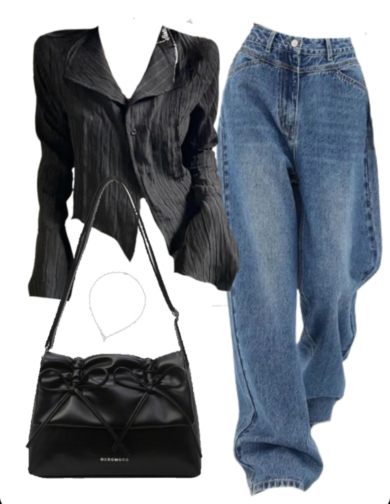Button Down Blouse + High Rise Boyfriend Jeans + Leather Shoulder Bag
