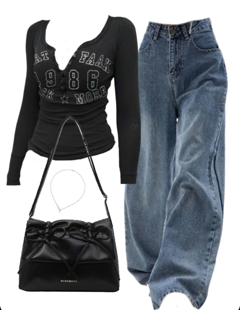 Slim Long Sleeve Tee + 0s Baggy Boyfriend Jeans + Leather Shoulder Bag
