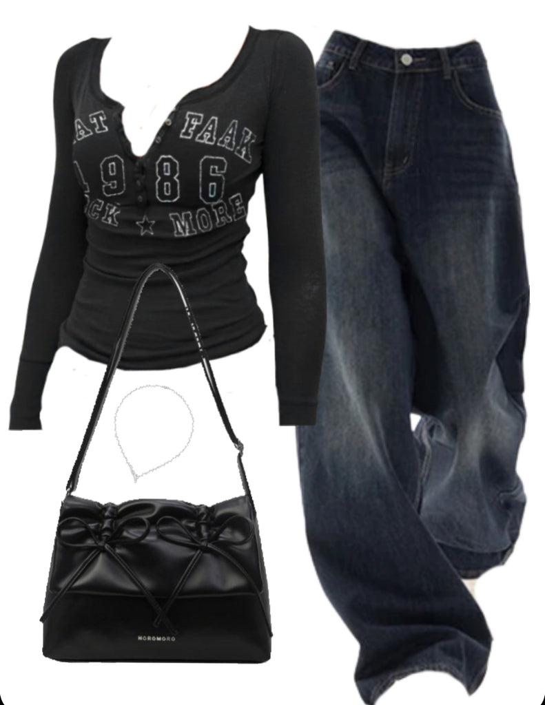 Long Sleeve Tee + 90s Boyfriend Jeans + Leather Shoulder Bag