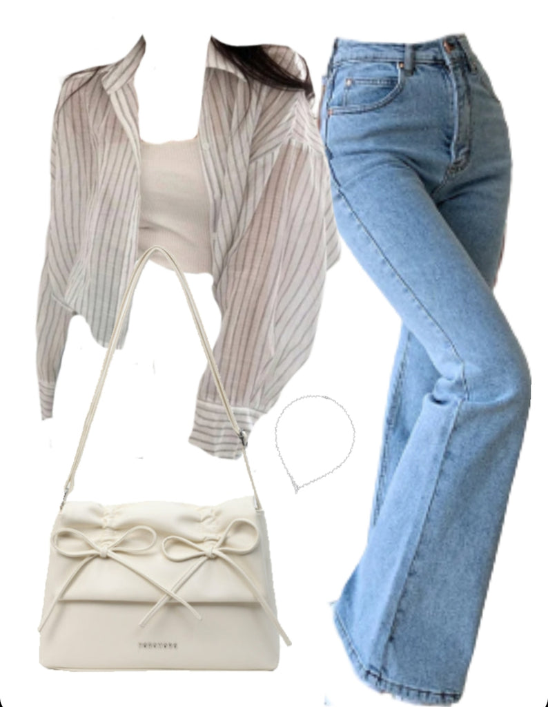 Oversized Blouse + Slim Flare Jeans + Leather Shoulder Bag