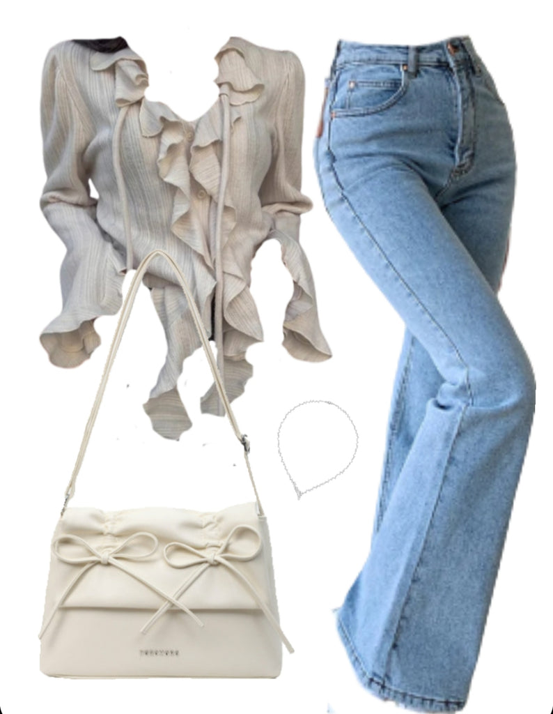V-neck Blouse + Flare Jeans + Leather Shoulder Bag