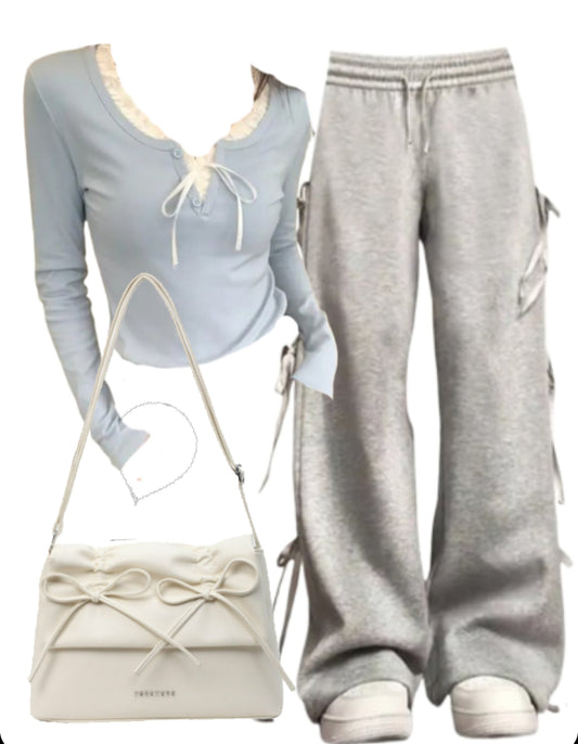 Front Tie Long Sleeve Tee + Bow Tie Sweatpants + Solid Color Leather Shoulder Bag