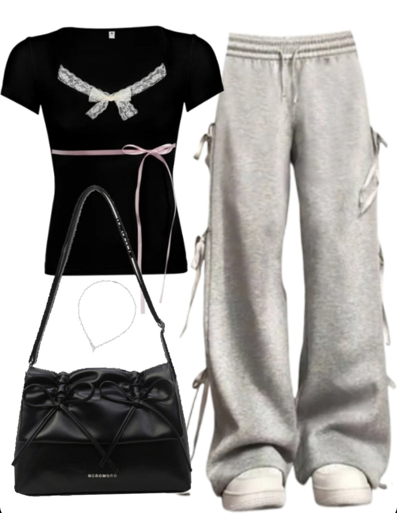 Long Sleeve Tee + Bow Tie Sweatpants + Leather Shoulder Bag