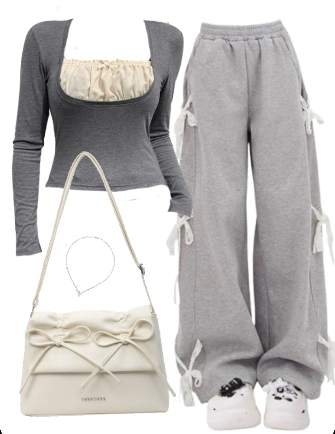 Long Sleeve Tee + Baggy Sweatpants + Leather Shoulder Bag