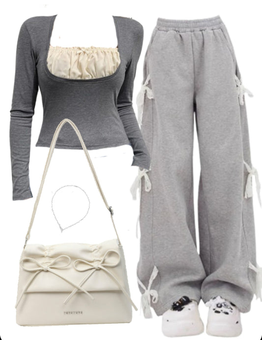 Long Sleeve Tee + Baggy Sweatpants + Leather Shoulder Bag
