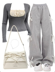 Long Sleeve Tee + Baggy Sweatpants + Leather Shoulder Bag