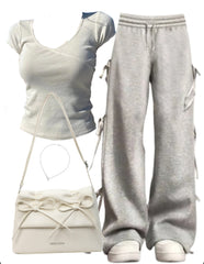 Short Sleeve Tee + Baggy Sweatpants + Leather Shoulder Bag