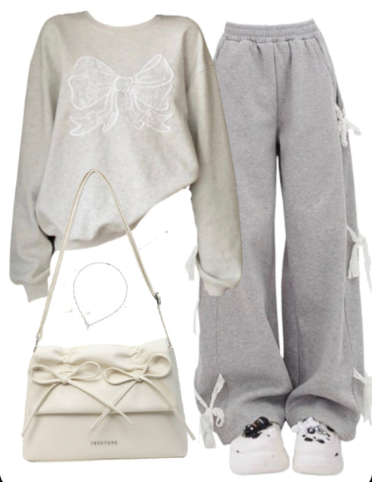Bow Pullover Sweatshirt + Bow Tie Sweatpants + Leather Shoulder Bag