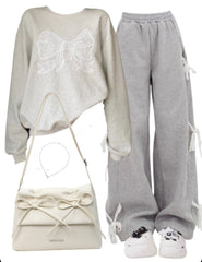 Bow Pullover Sweatshirt + Bow Tie Sweatpants + Leather Shoulder Bag