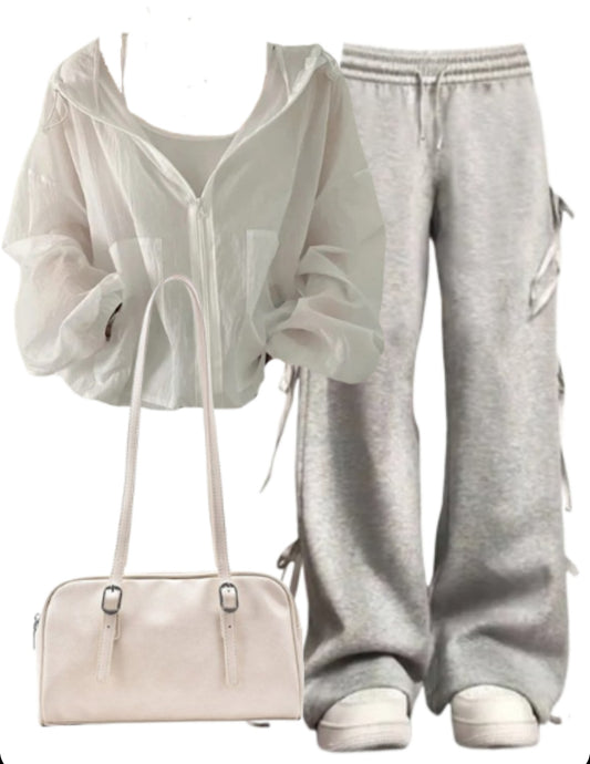 OOTD: Hooded Zip Up Jacket + Bow Tie Sweatpants + Leather Shoulder Bag