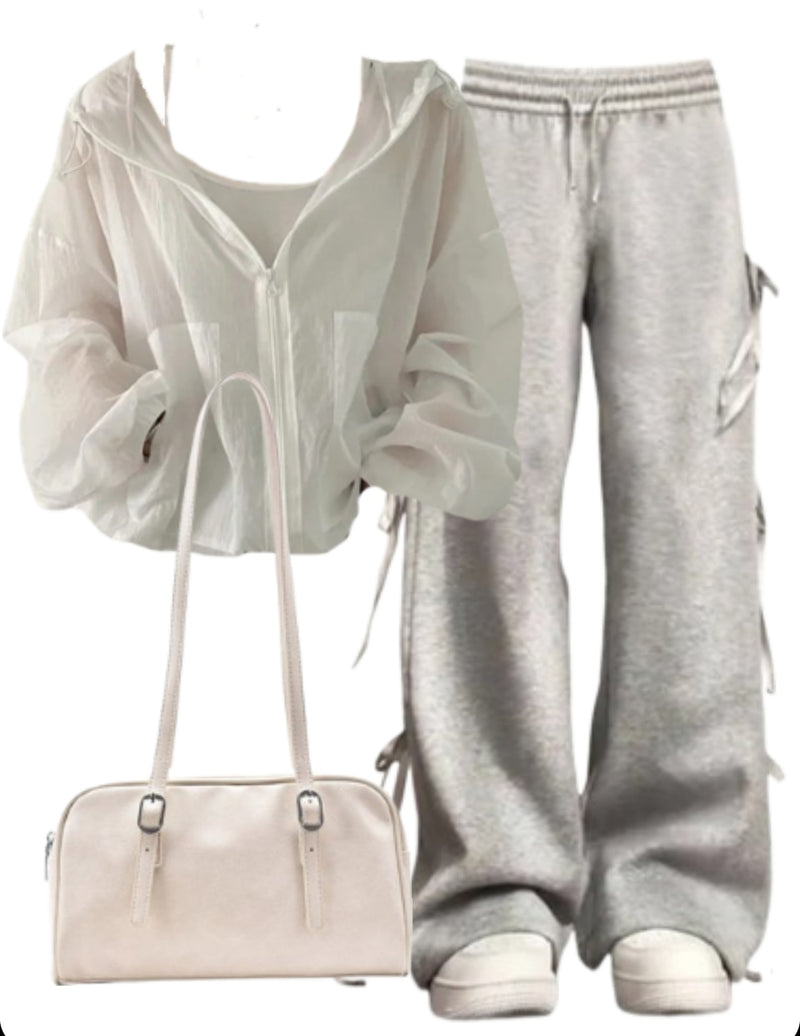 OOTD: Hooded Zip Up Jacket + Bow Tie Sweatpants + Leather Shoulder Bag
