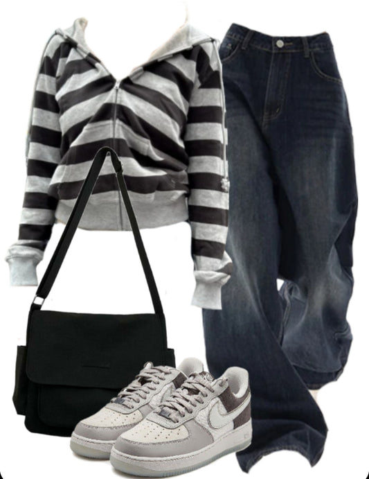 OOTD: Vintage Striped Zip Up Hoodie + 90s Boyfriend Jeans + Large Canvas Satchel Bag