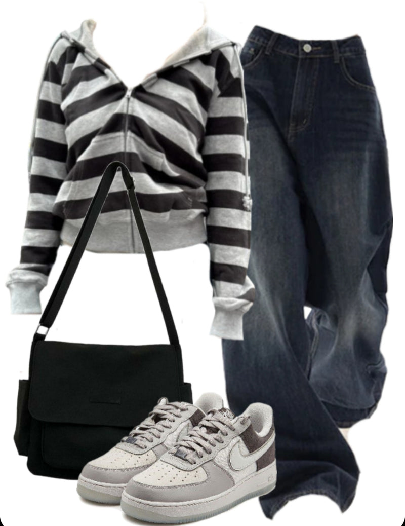 OOTD: Vintage Striped Zip Up Hoodie + 90s Boyfriend Jeans + Large Canvas Satchel Bag