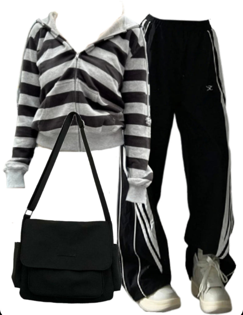 OOTD: Zip Up Hoodie + Black Sweatpants + Large Canvas Satchel Bag