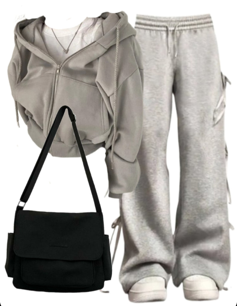 OOTD: Oversized Zip Up Hoodie + Bow Tie Sweatpants + Large Canvas Satchel Bag