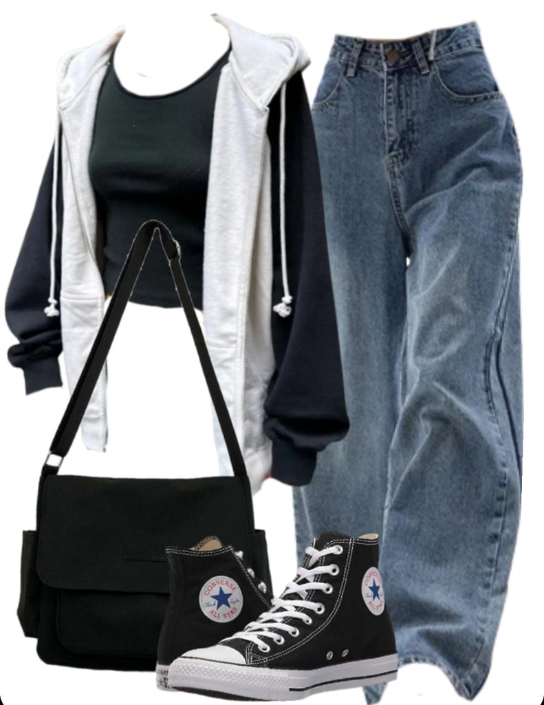 OOTD: Oversized Zip Up Hoodie + Boyfriend Jeans + Large Canvas Satchel Bag