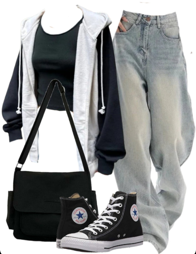 OOTD: Oversized Zip Up Hoodie + Baggy Boyfriend Jeans + Large Canvas Satchel Bag