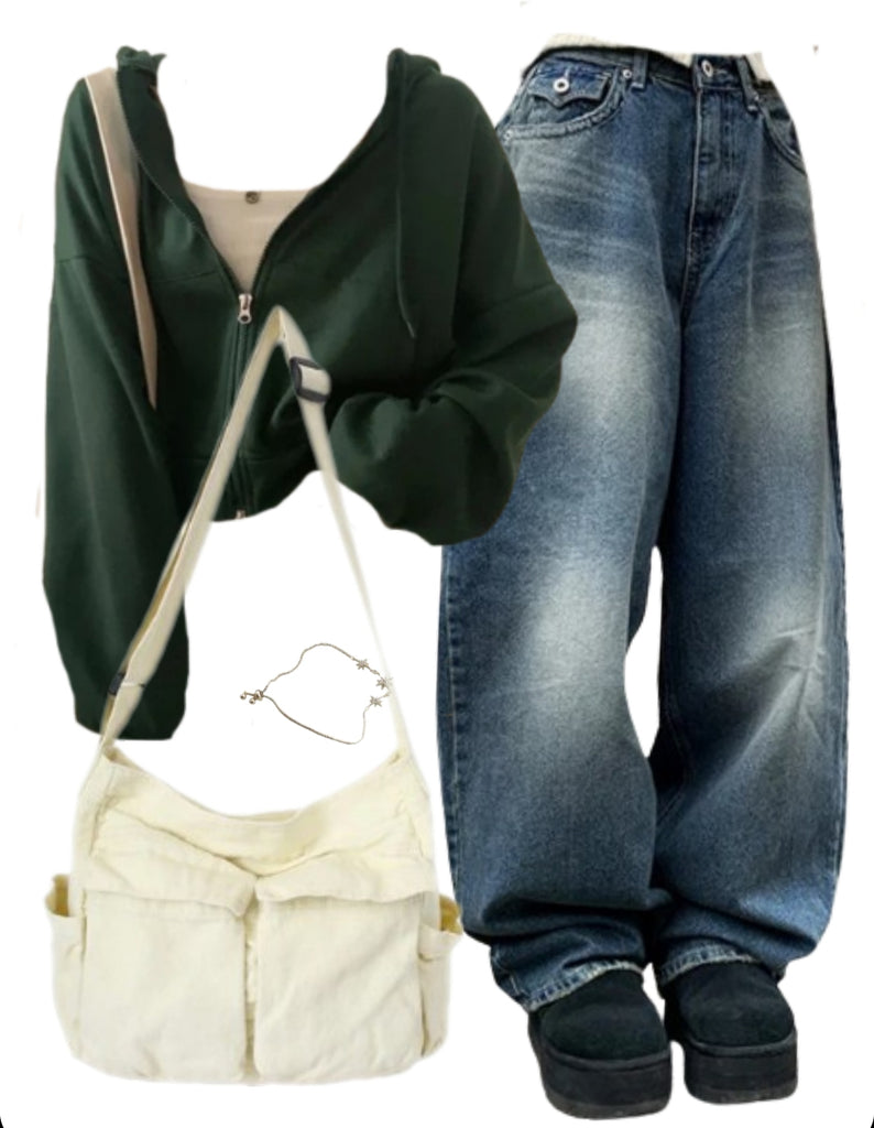 OOTD: Crop Zip Up Hoodie + Boyfriend Jeans + Large Canvas Satchel Bag