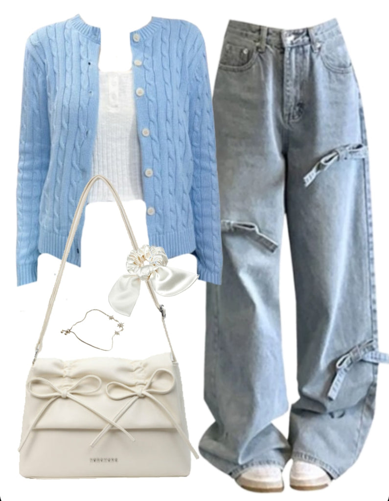 OOTD: Knitted Cardigan + Wide Leg Jeans + Solid Color Leather Shoulder Bag