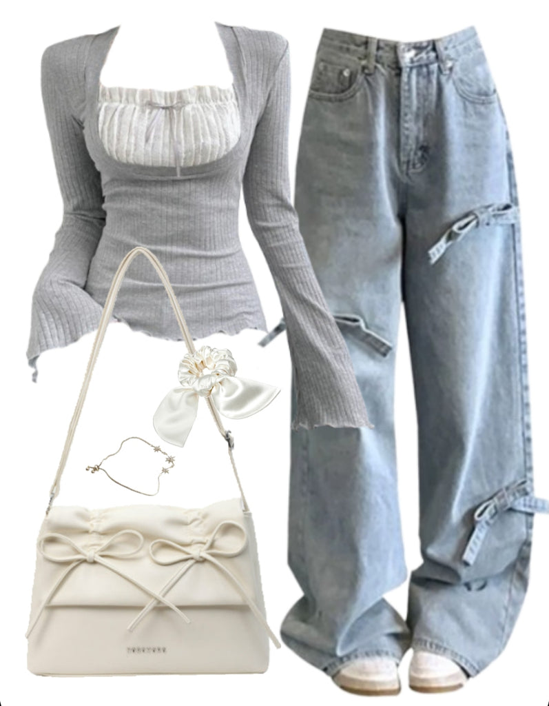 OOTD: Long Sleeve Tee + Wide Leg Jeans + Solid Color Leather Shoulder Bag