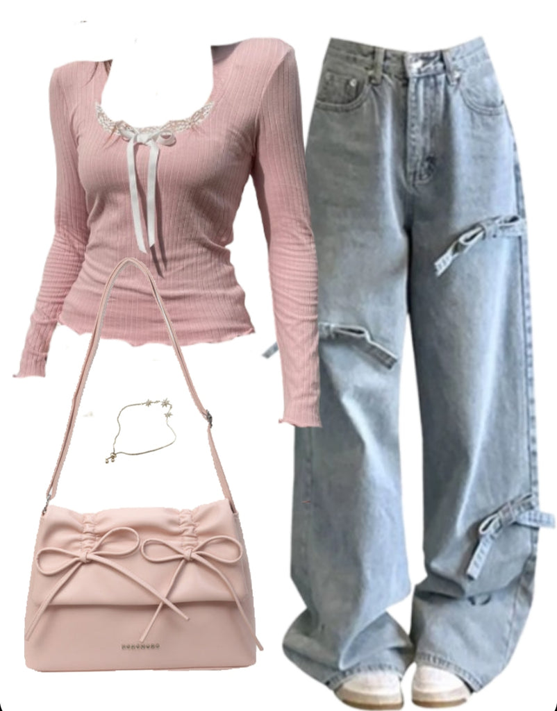 Bow Long Sleeve Tee + Wide Leg Jeans + Leather Shoulder Bag