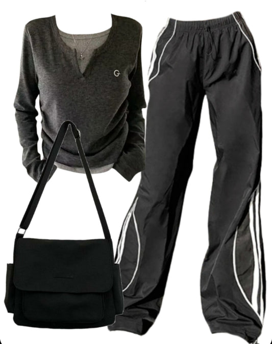 OOTD: Long Sleeve Tee + Baggy Sweatpants + Large Canvas Satchel Bag