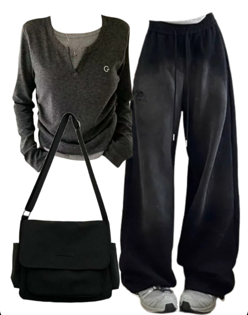 OOTD: Long Sleeve Tee + Baggy Sweatpants + Large Canvas Satchel Bag