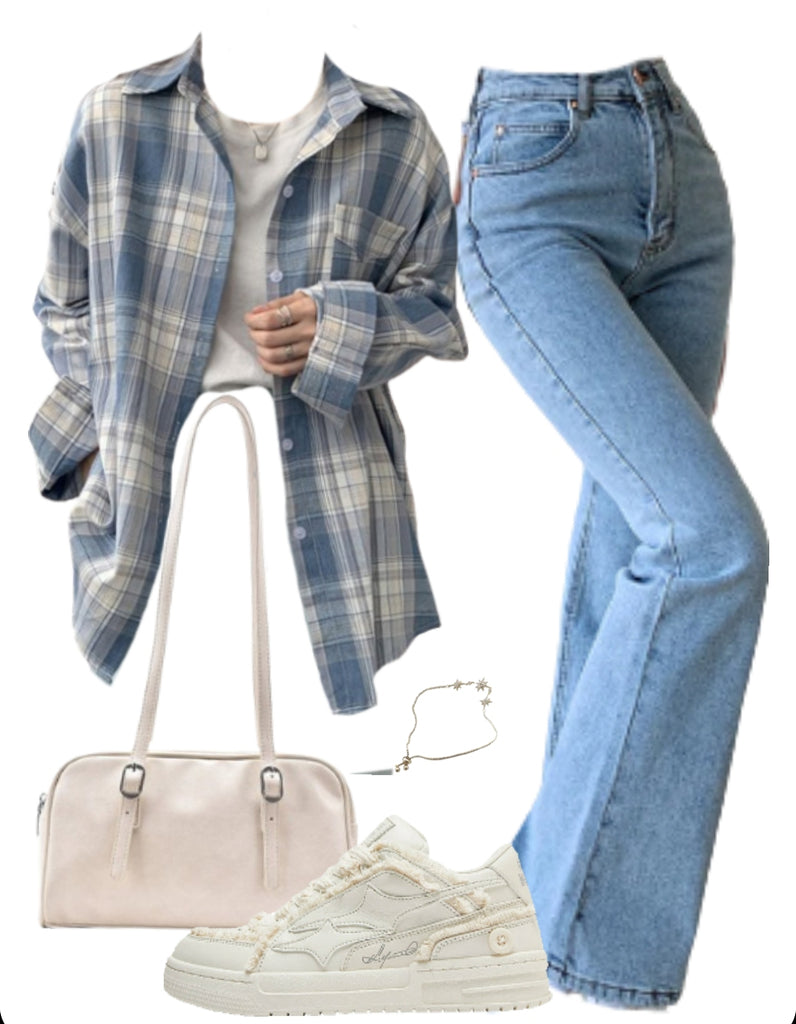 OOTD: Long Sleeve Blouse + Flare Jeans + Patchwork Sneakers + Leather Shoulder Bag