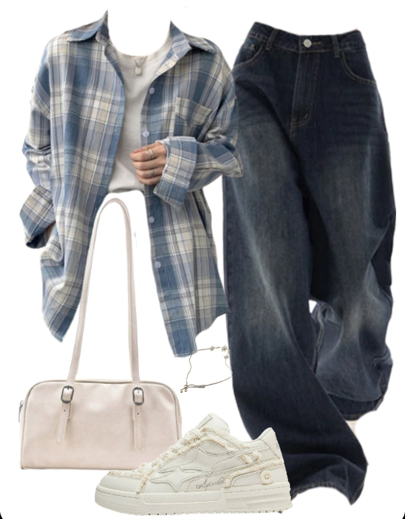 OOTD: Long Sleeve Blouse + Boyfriend Jeans + Patchwork Sneakers + Large Canvas Satchel Bag