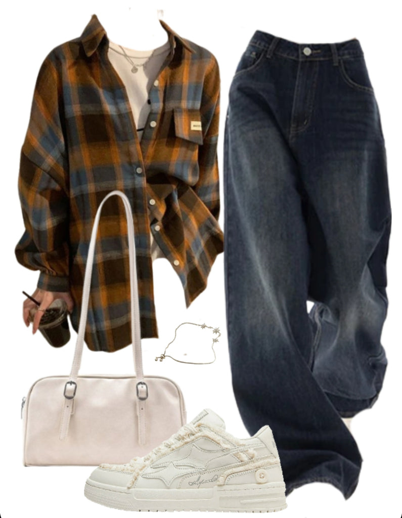 OOTD: Long Sleeve Blouse + Boyfriend Jeans + Leather Shoulder Bag + Star Patchwork Sneakers