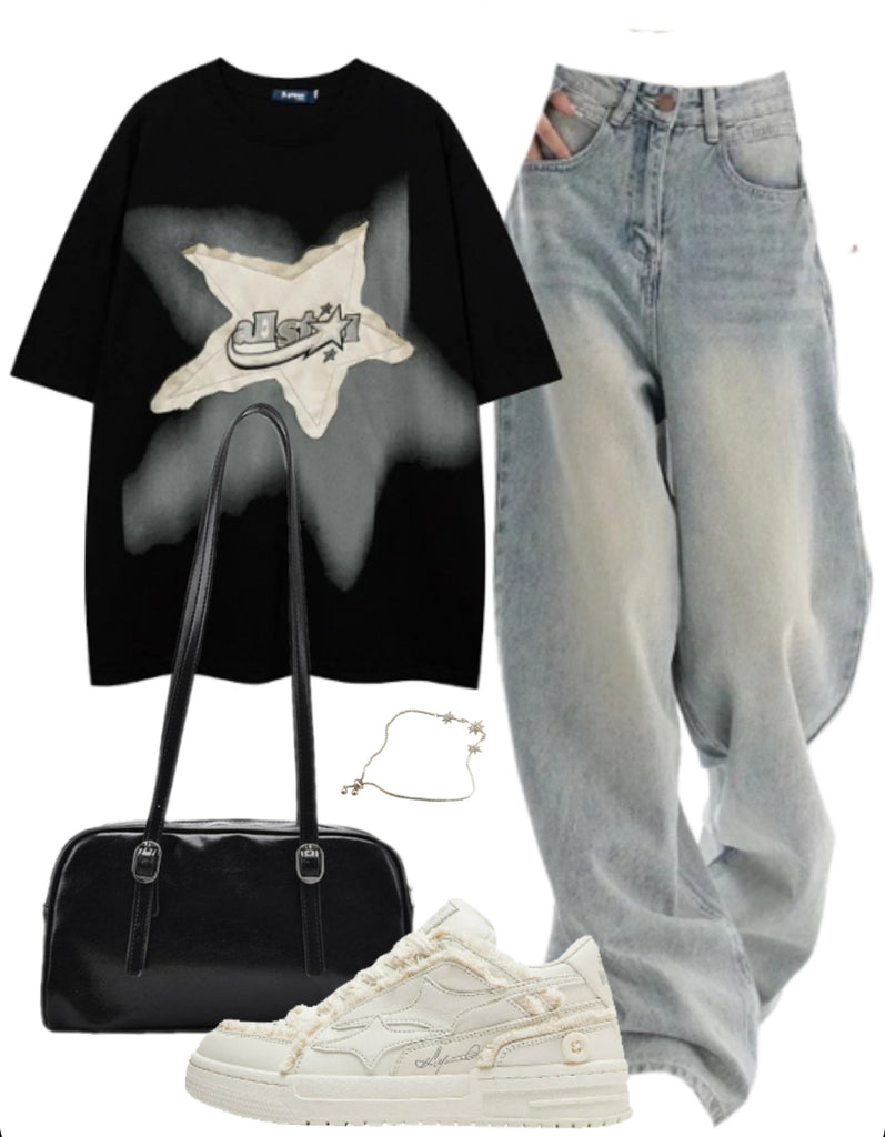 OOTD: Short Sleeve Tee + Boyfriend Jeans + Shoulder Bag + Patchwork Sneakers