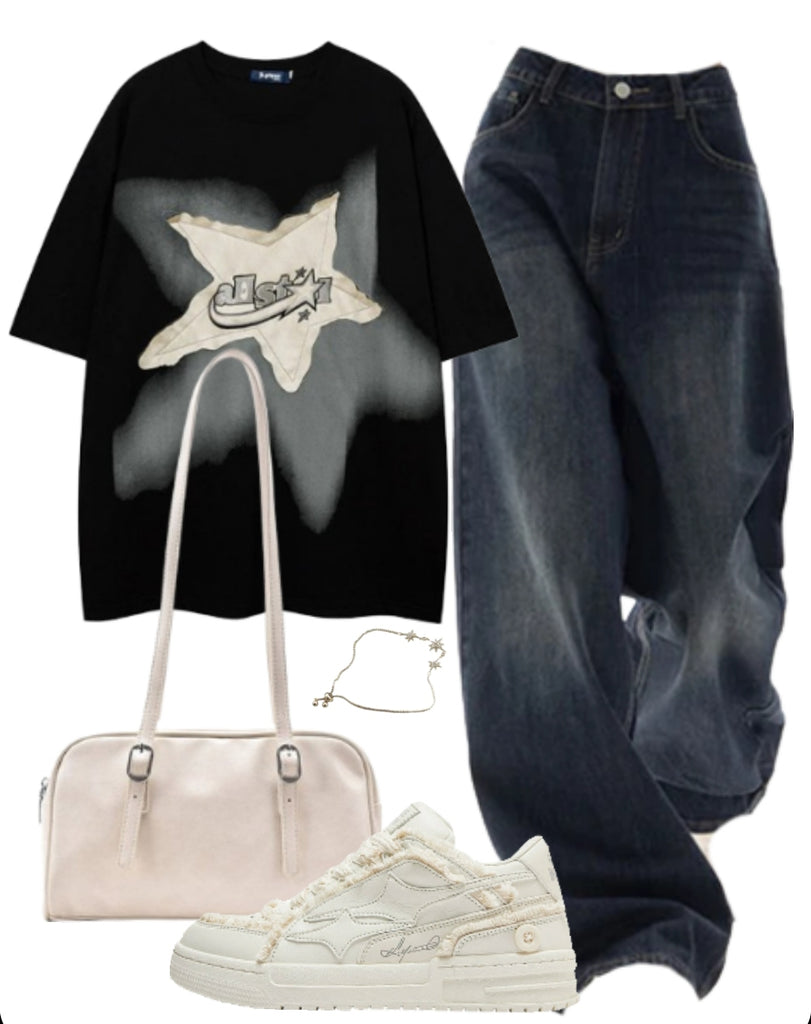 OOTD: Short Sleeve Tee + Boyfriend Jeans + Shoulder Bag + Patchwork Sneakers