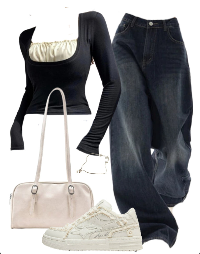 OOTD: Boyfriend Jeans + Leather Shoulder Bag + Patchwork Sneakers + Patchwork Long Sleeve Tee