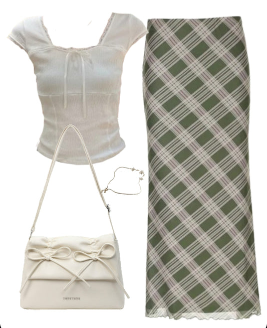 OOTD: Square Neck Bow Tee + Low Rise Maxi Skirt + Solid Color Leather Shoulder Bag
