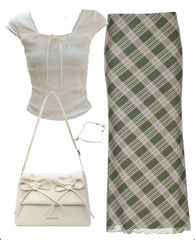 OOTD: Square Neck Bow Tee + Low Rise Maxi Skirt + Solid Color Leather Shoulder Bag