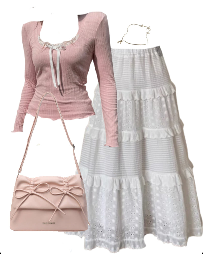 OOTD: Long Sleeve Tee + Patchwork Maxi Skirt + Solid Color Leather Shoulder Bag