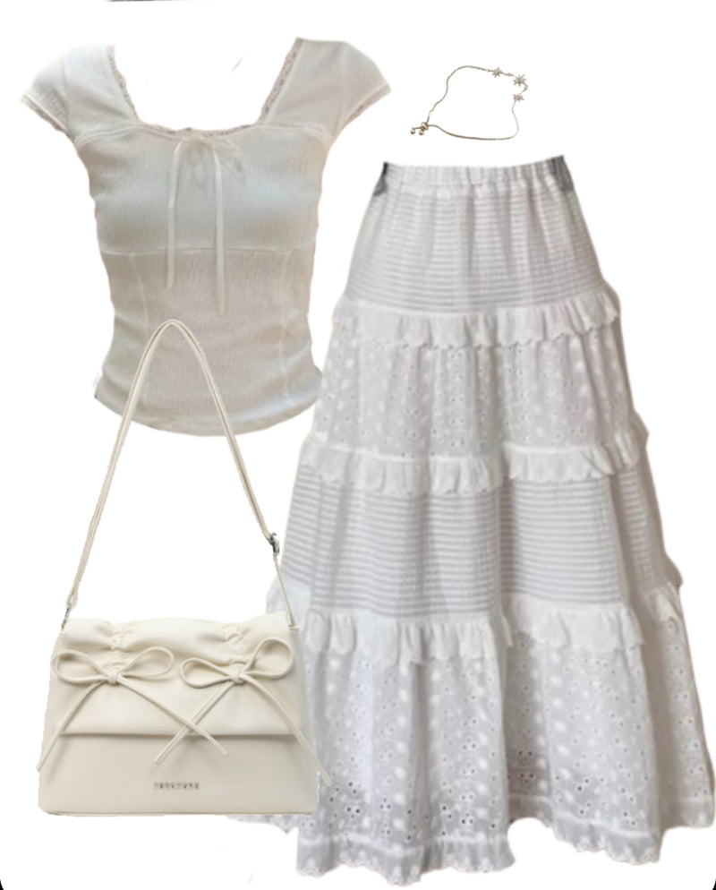 OOTD: Square Neck Bow Tee + Maxi Skirt + Leather Shoulder Bag