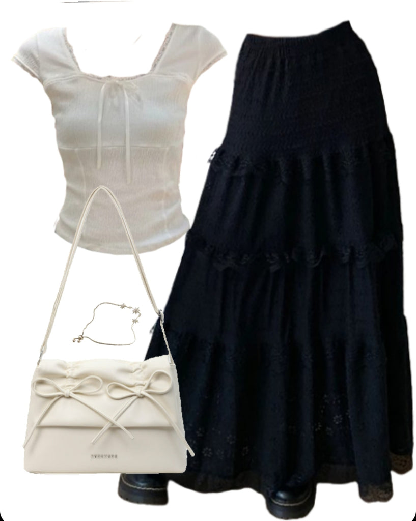 OOTD: Square Neck Bow Tee + Patchwork Maxi Skirt + Solid Color Leather Shoulder Bag