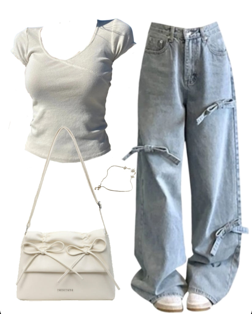 OOTD: Short Sleeve Tee + Wide Leg Jeans + Leather Shoulder Bag
