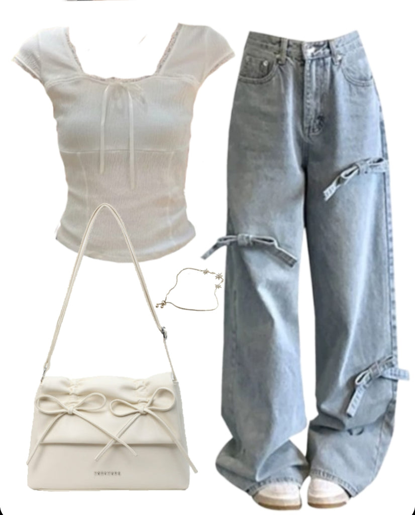 OOTD: Square Neck Bow Tee + Wide Leg Jeans + Leather Shoulder Bag