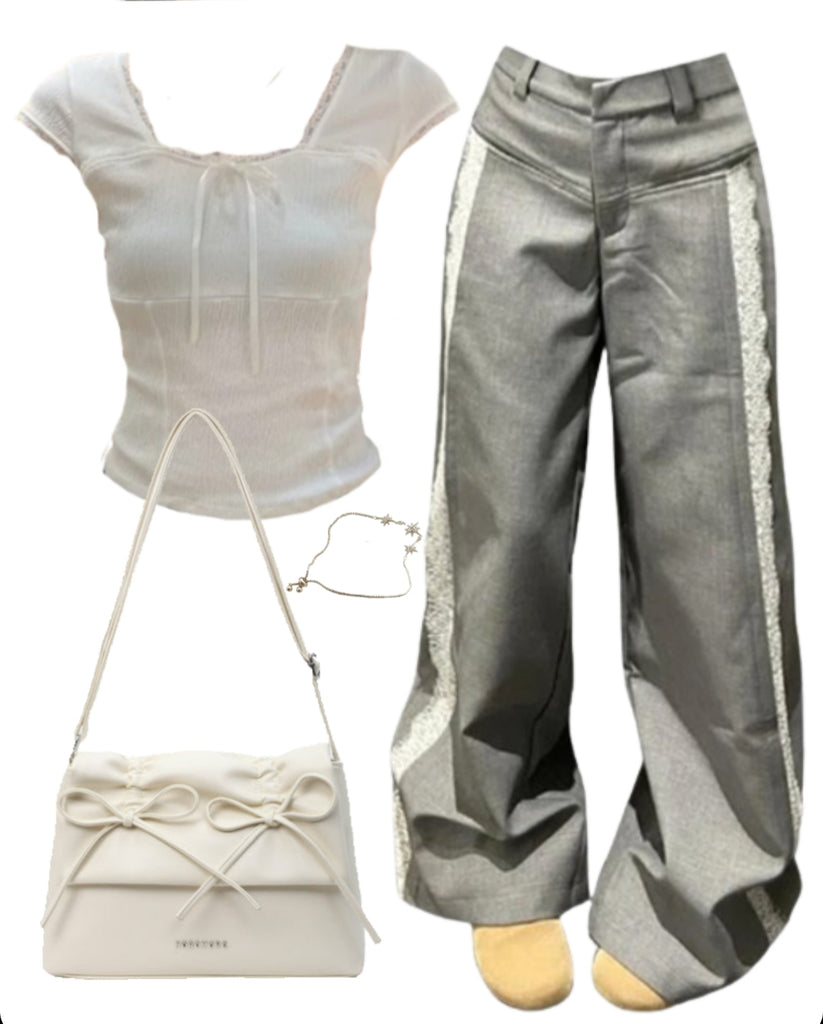 OOTD: Wide Leg Pants + Leather Shoulder Bag + Lace Trim Square Neck Bow Tee
