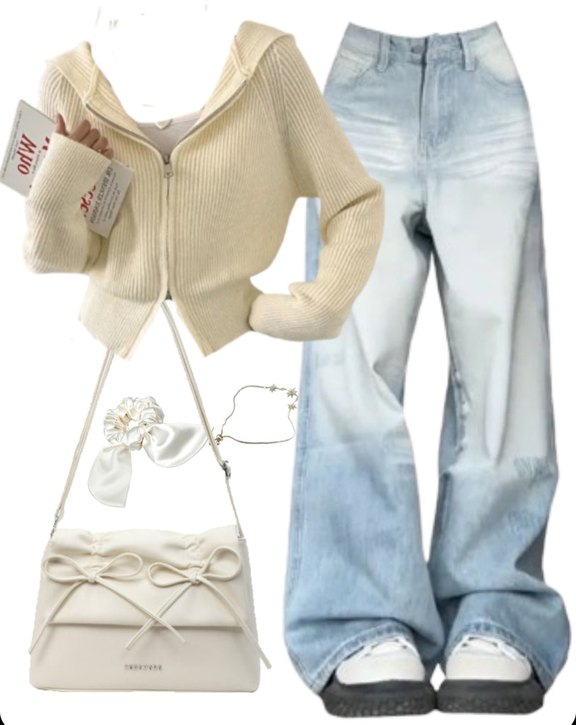 OOTD: Boyfriend Jeans + Leather Shoulder Bag + Zip Up Cardigan