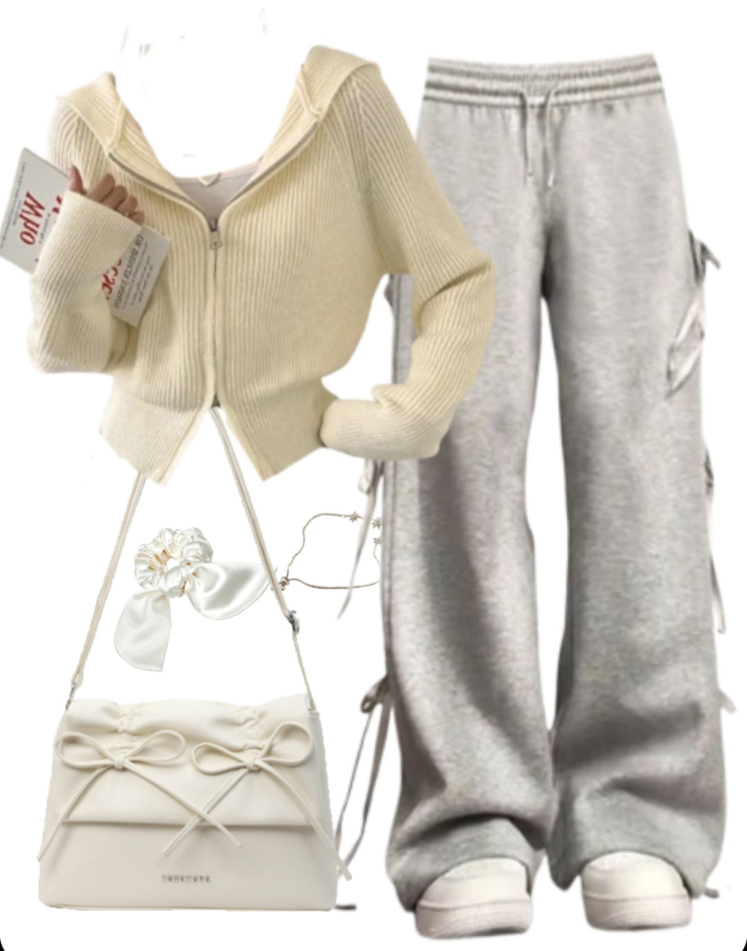 OOTD: Zip Up Cardigan + Bow Tie Sweatpants + Leather Shoulder Bag