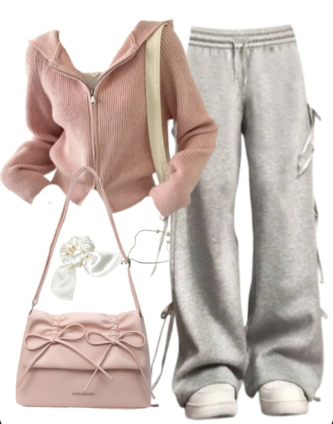 OOTD: Zip Up Cardigan + Bow Tie Sweatpants + Leather Shoulder Bag