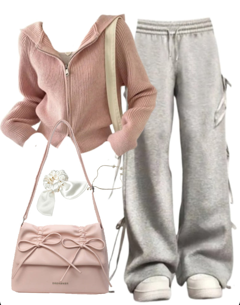 OOTD: Zip Up Cardigan + Bow Tie Sweatpants + Leather Shoulder Bag